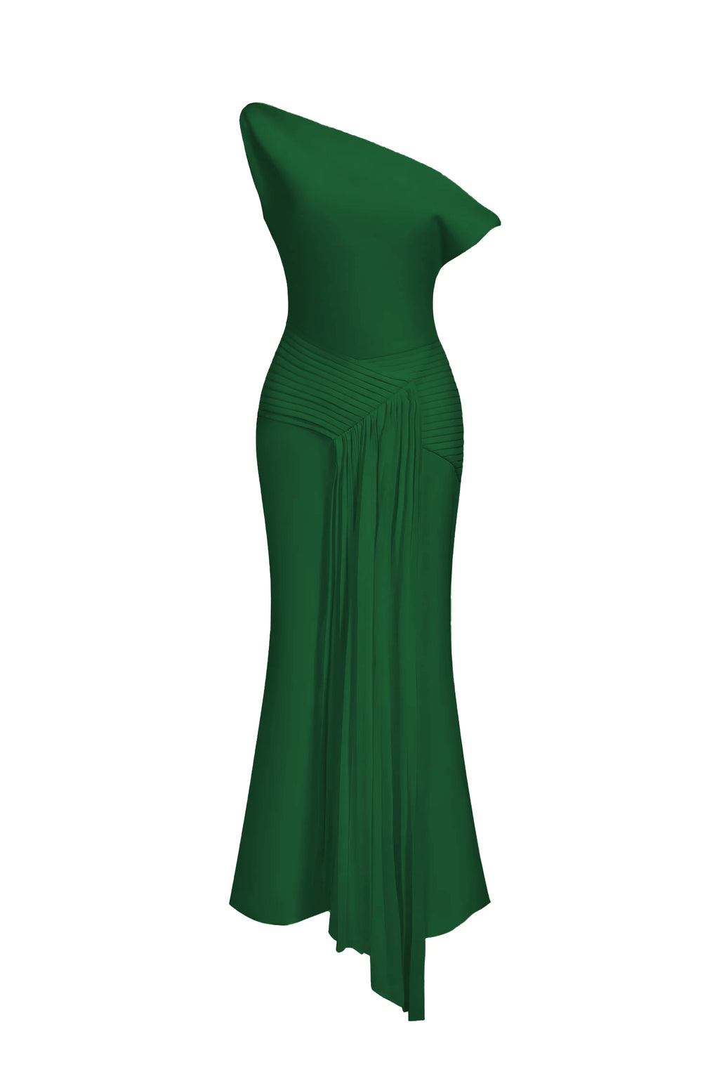 Paulina Oblique Shoulder Sleeveless Folds Green Midi Dress	