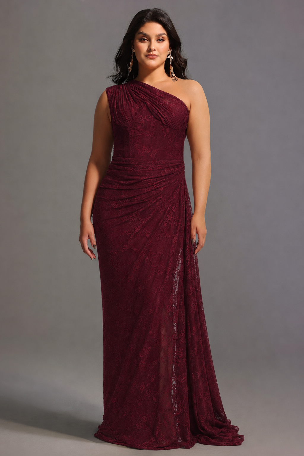 Finch Romantic Contour Sleeveless Ruched Lace Knit Maxi Dress	