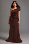 Naleza Chic Contour Off Shoulder Asymmetric Ruched Sequin Maxi Dress