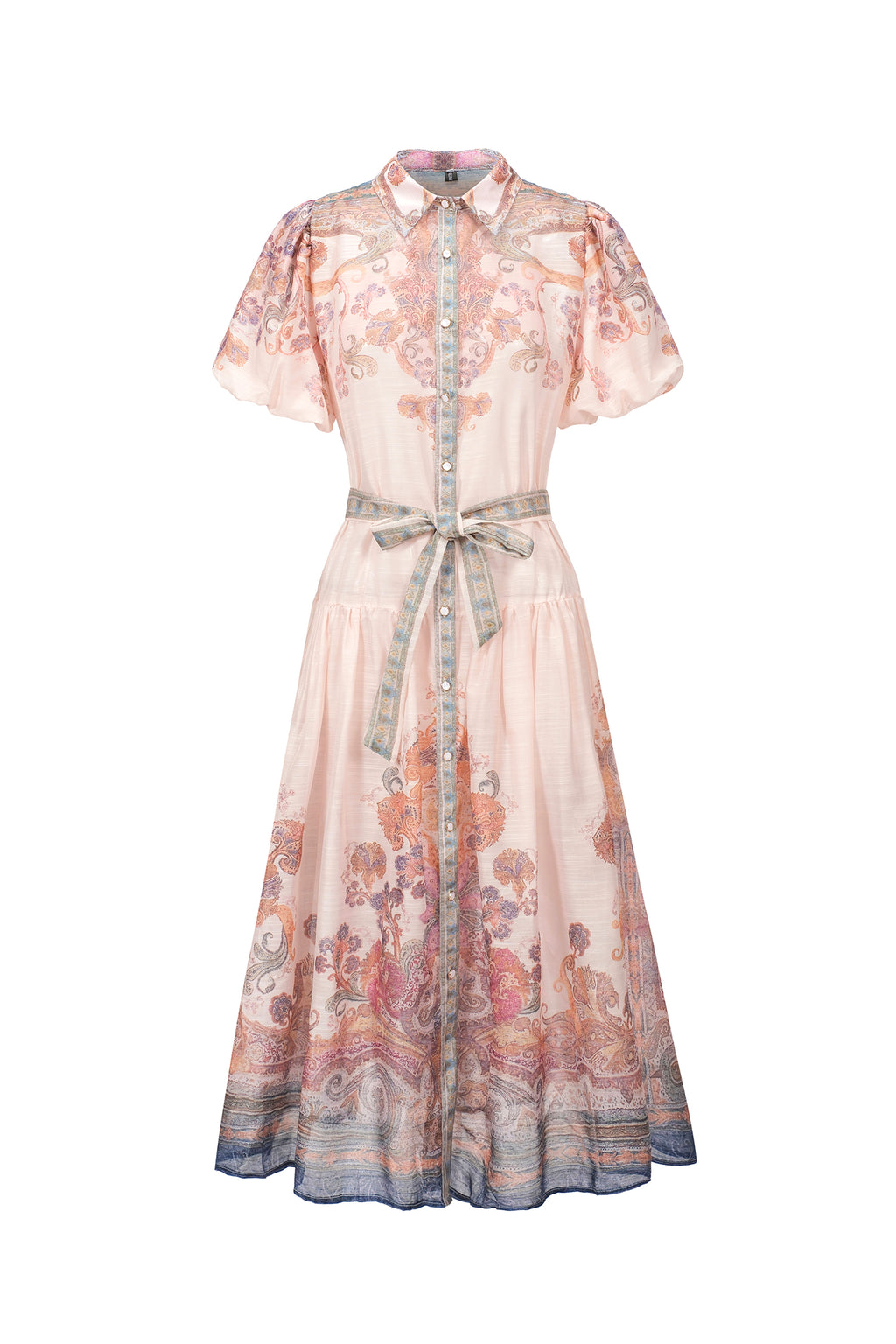 Tusare Lapel Floral Printed Midi Dress