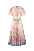 Tusare Lapel Floral Printed Midi Dress