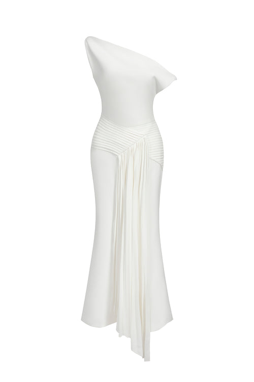 Paulina Oblique Shoulder Sleeveless Folds Midi Dress	