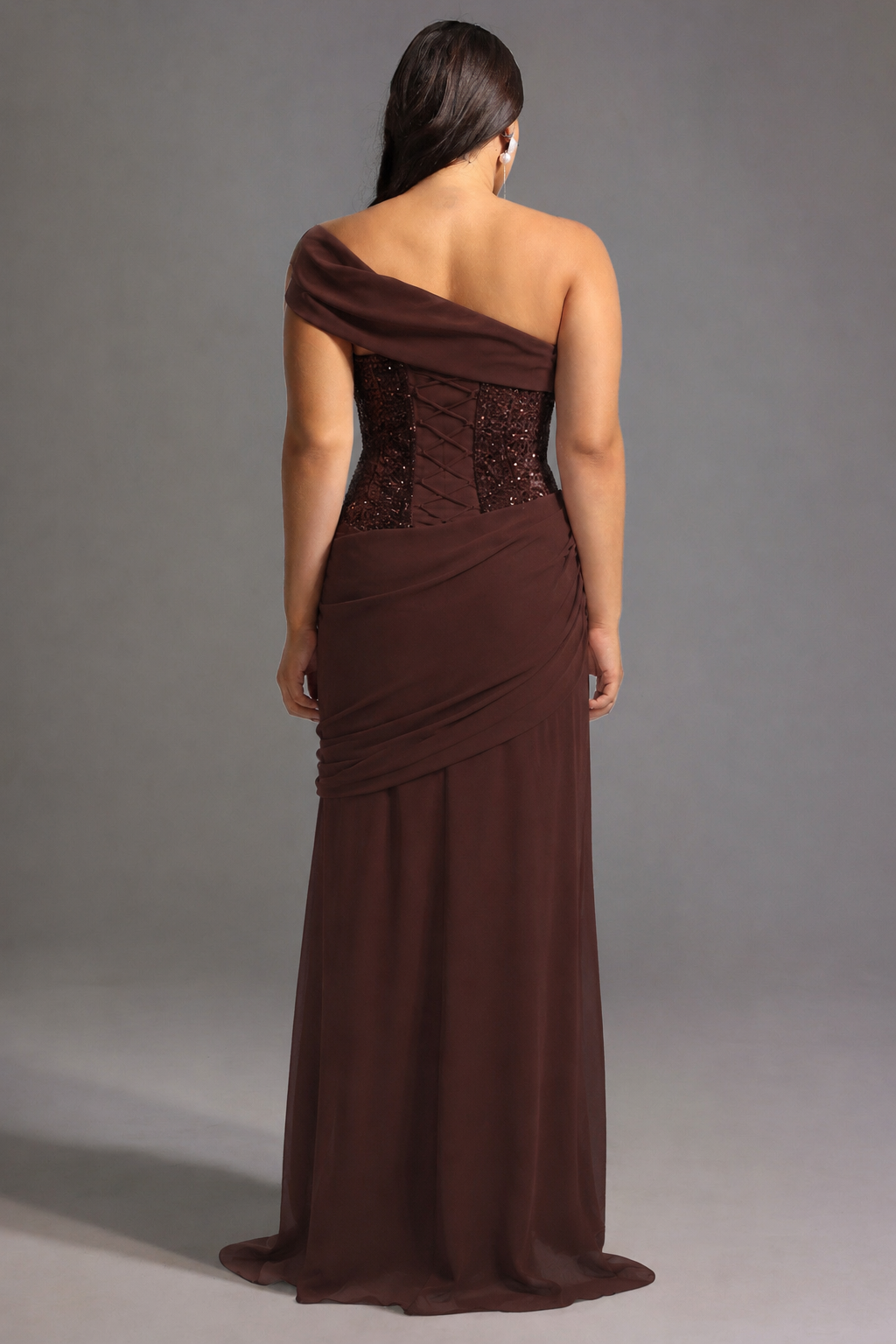 Naleza Chic Contour Off Shoulder Asymmetric Ruched Sequin Maxi Dress