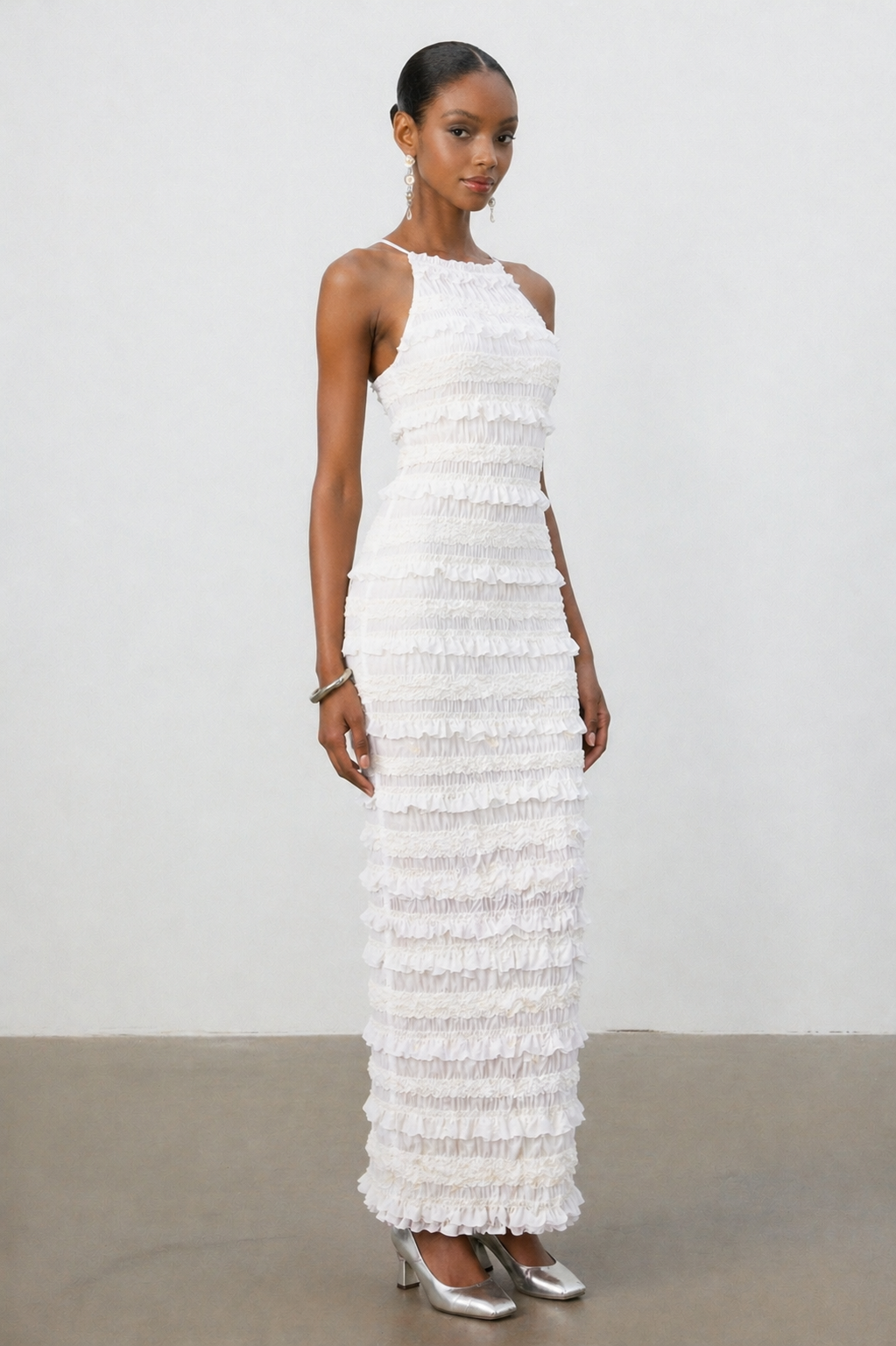 Lexi Elegant Contour Halter Ruched Ruffle Maxi Dress	