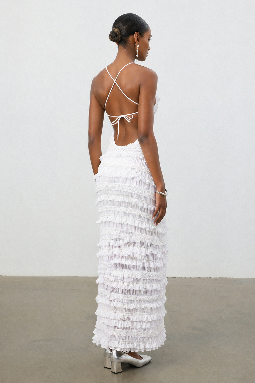 Lexi Elegant Contour Halter Ruched Ruffle Maxi Dress	