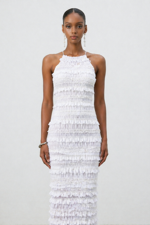 Lexi Elegant Contour Halter Ruched Ruffle Maxi Dress	