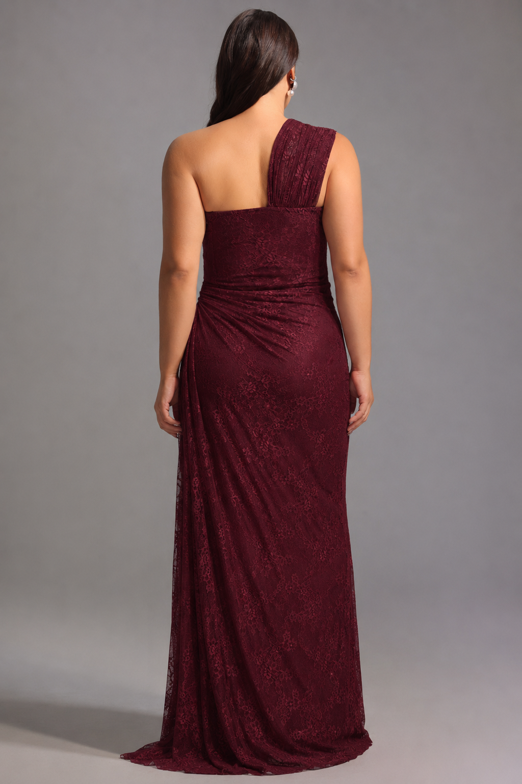 Finch Romantic Contour Sleeveless Ruched Lace Knit Maxi Dress	