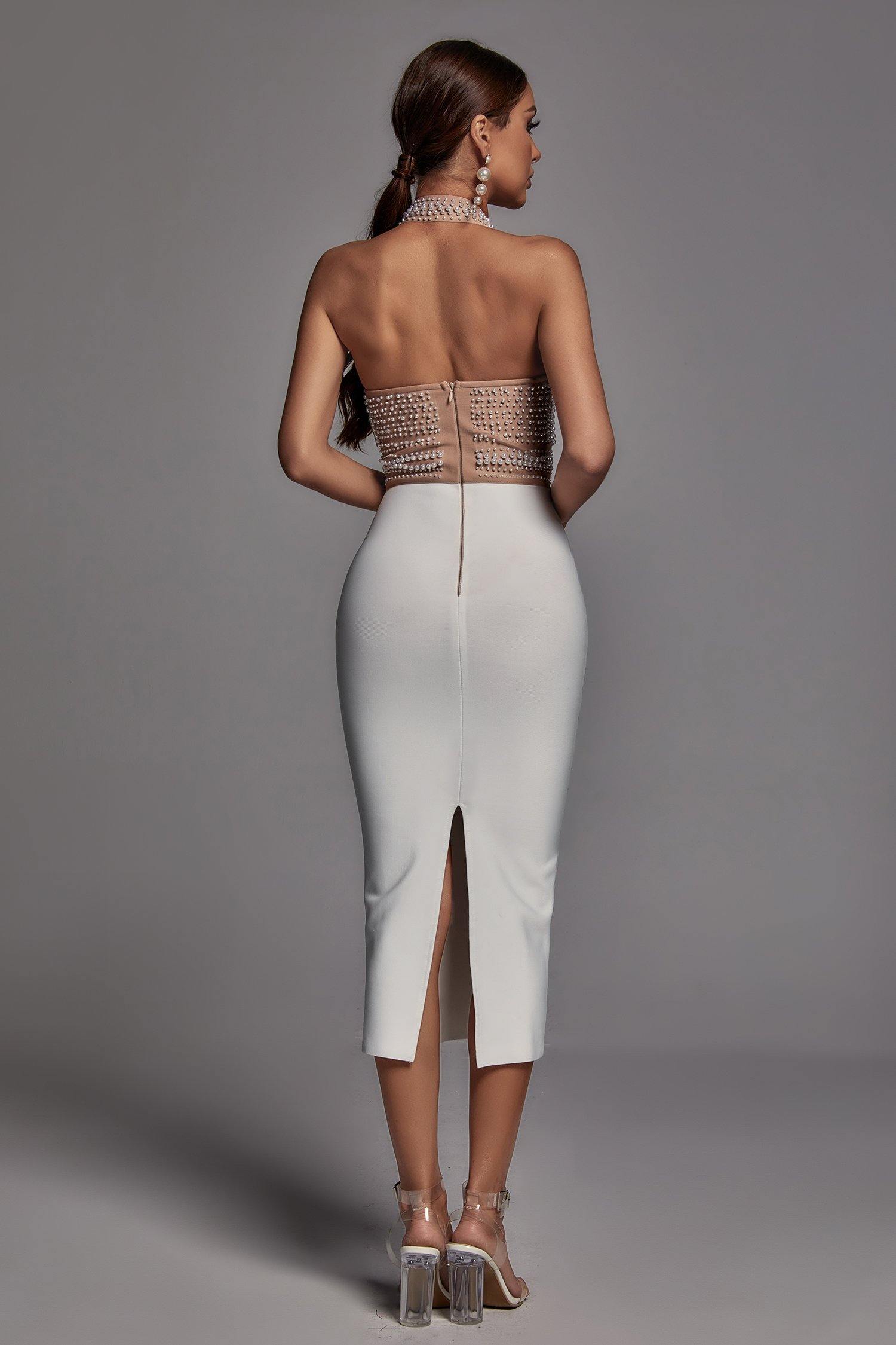 Cornelia Pearl Halter Bandage Dress - Beige - Bellabarnett	