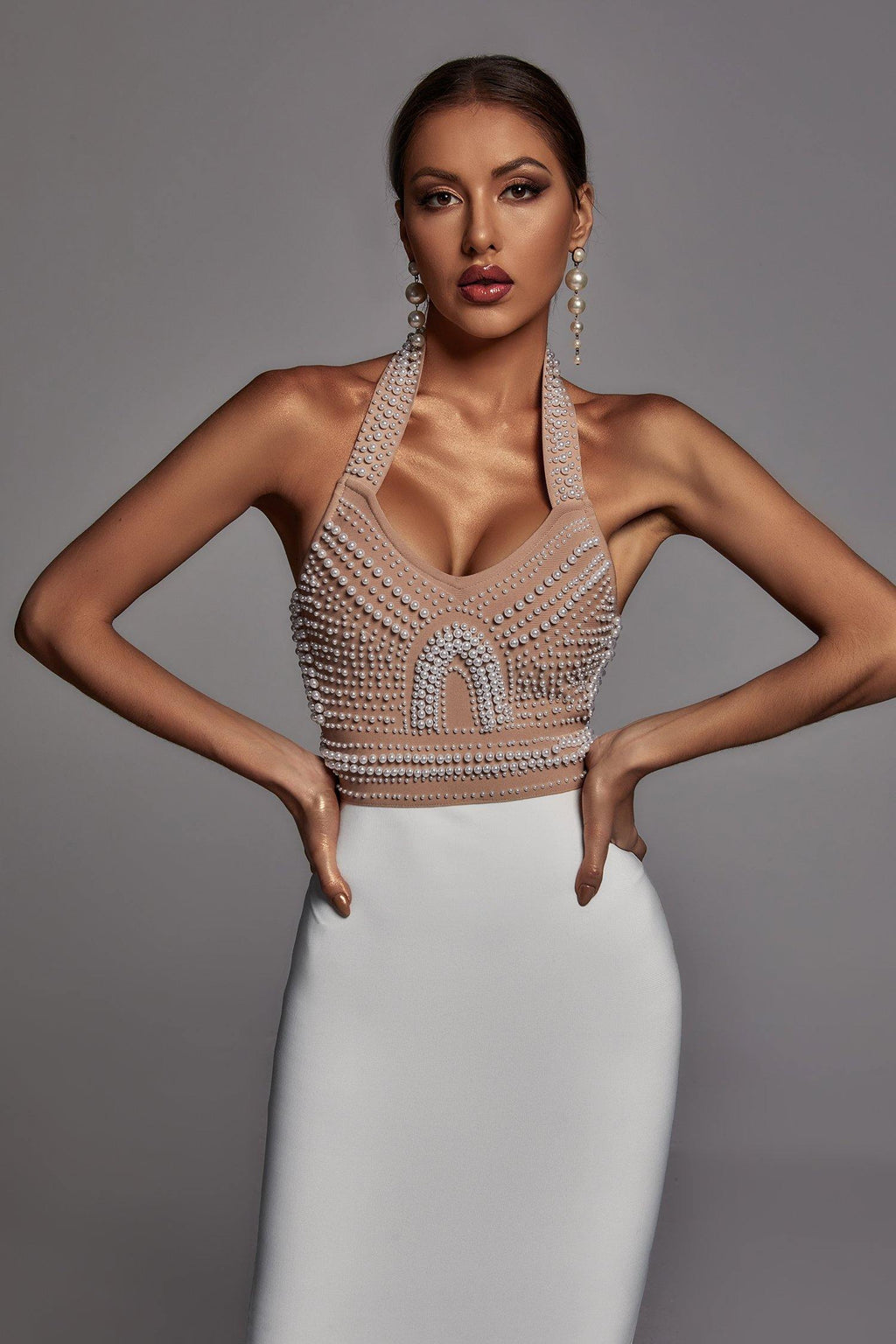 Cornelia Pearl Halter Bandage Dress - Beige - Bellabarnett	