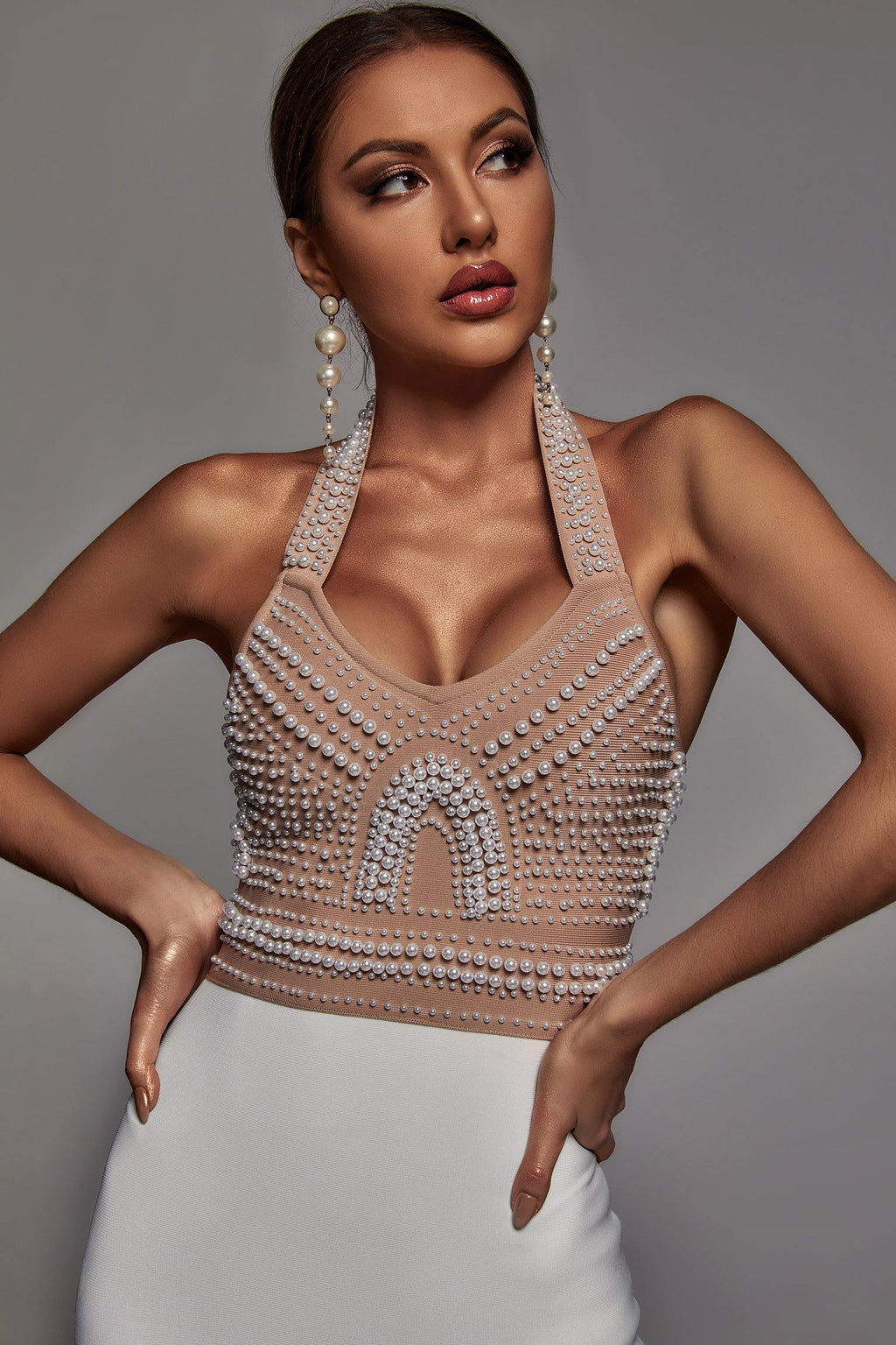 Cornelia Pearl Halter Bandage Dress - Beige - Bellabarnett	