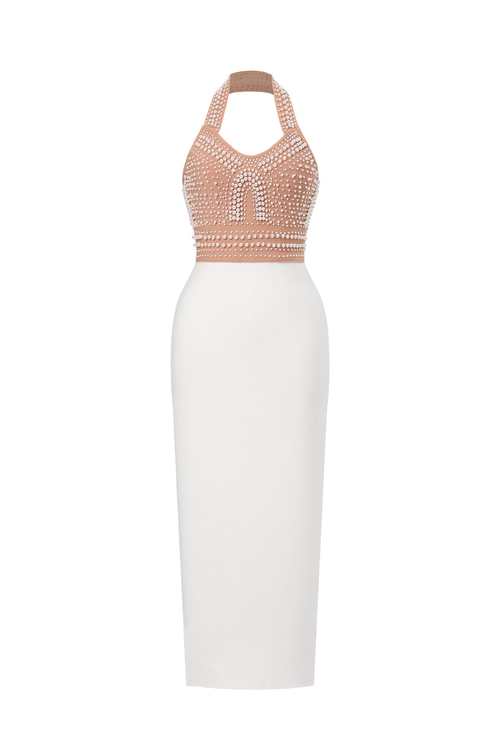 Cornelia Pearl Halter Bandage Dress - Beige	