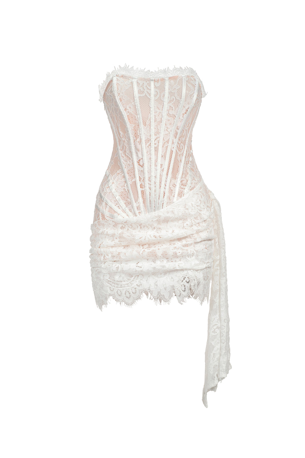 Rosel Asymmetric Lace Mini Dress - White	