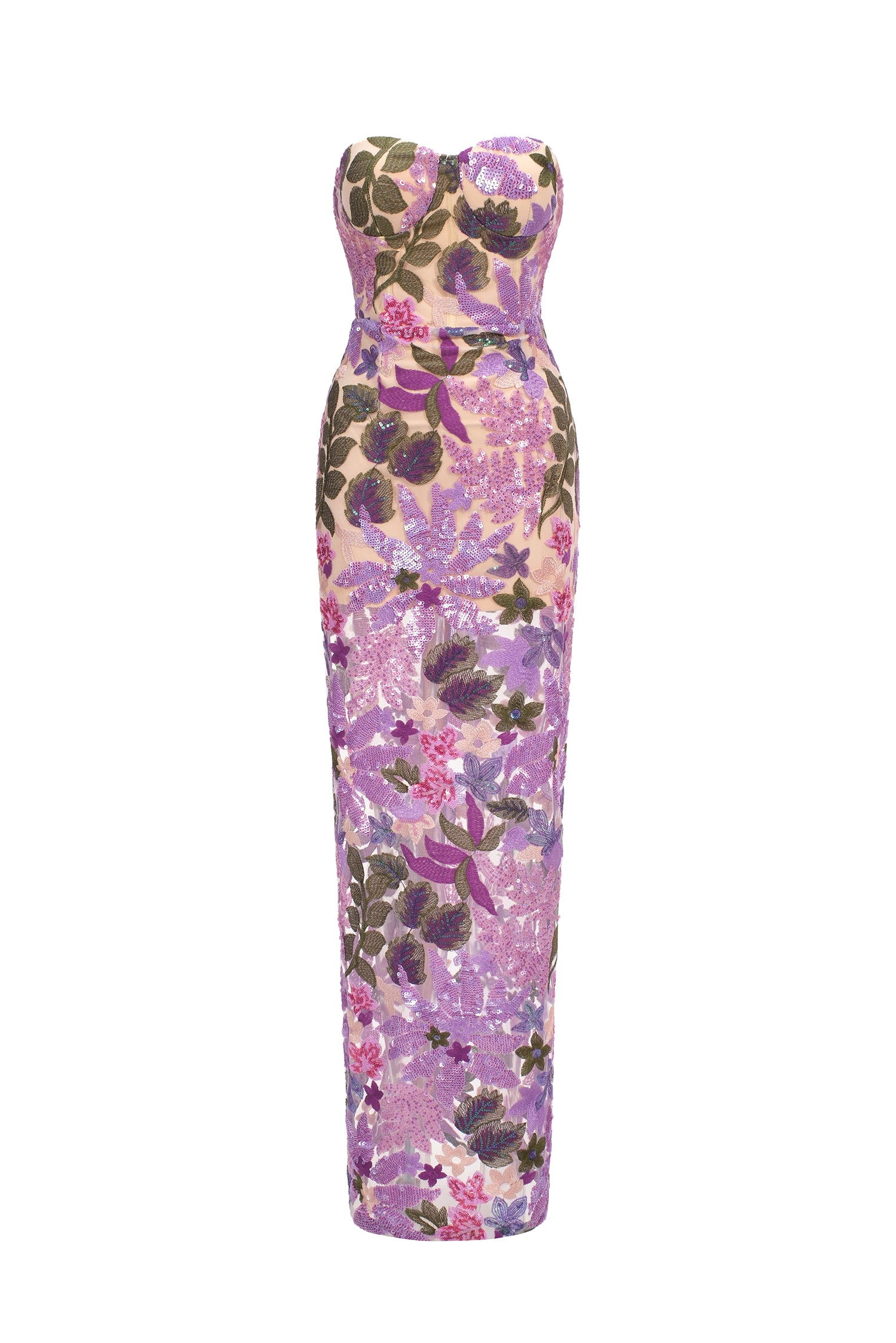 Eugenia Flower Sequins Strapless Mesh Dress - Purple	