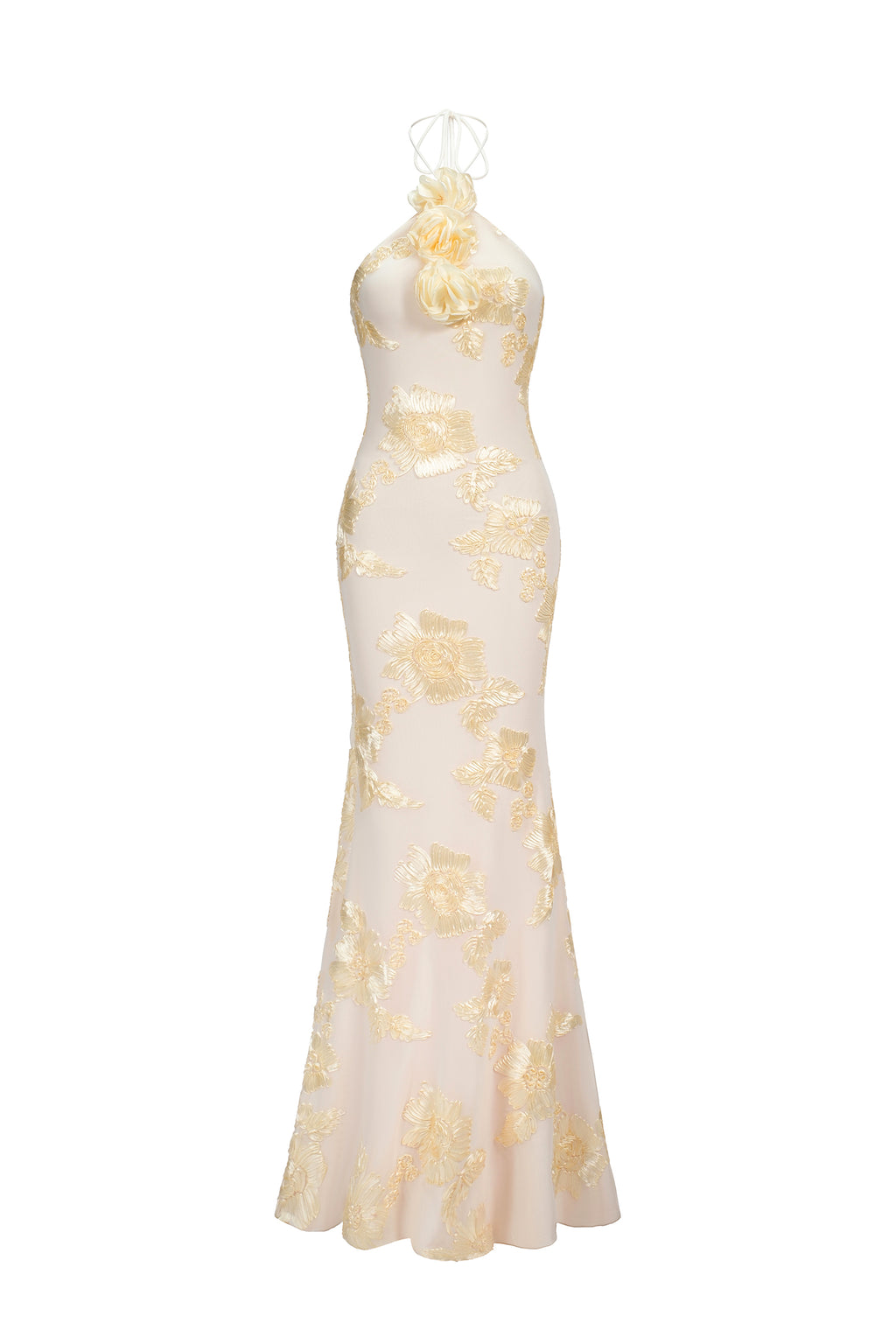 Griselda Flower Halter Embroidery Maxi Dress - White	