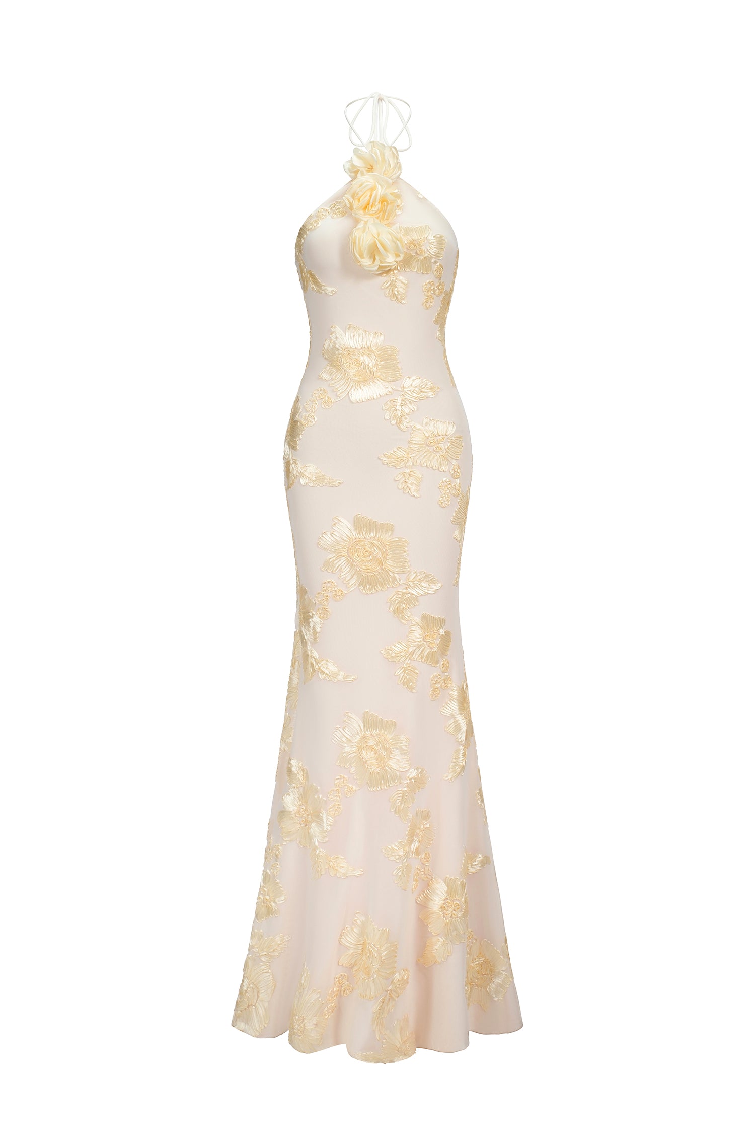 Griselda Flower Halter Embroidery Maxi Dress - White	