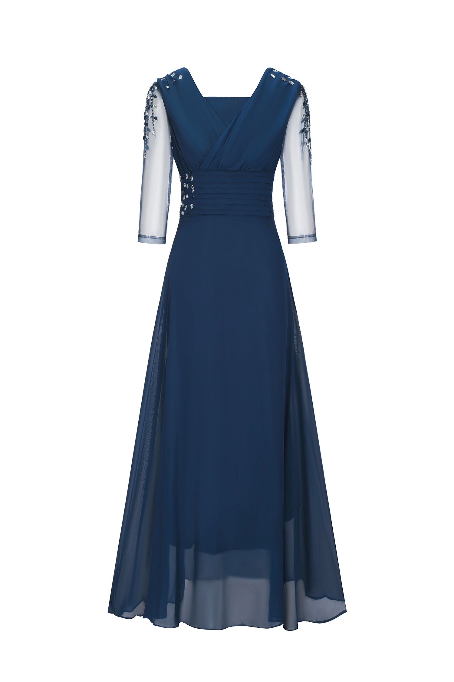 Blanche Diamante Pleated Mesh Satin Maxi Dress - Navy	
