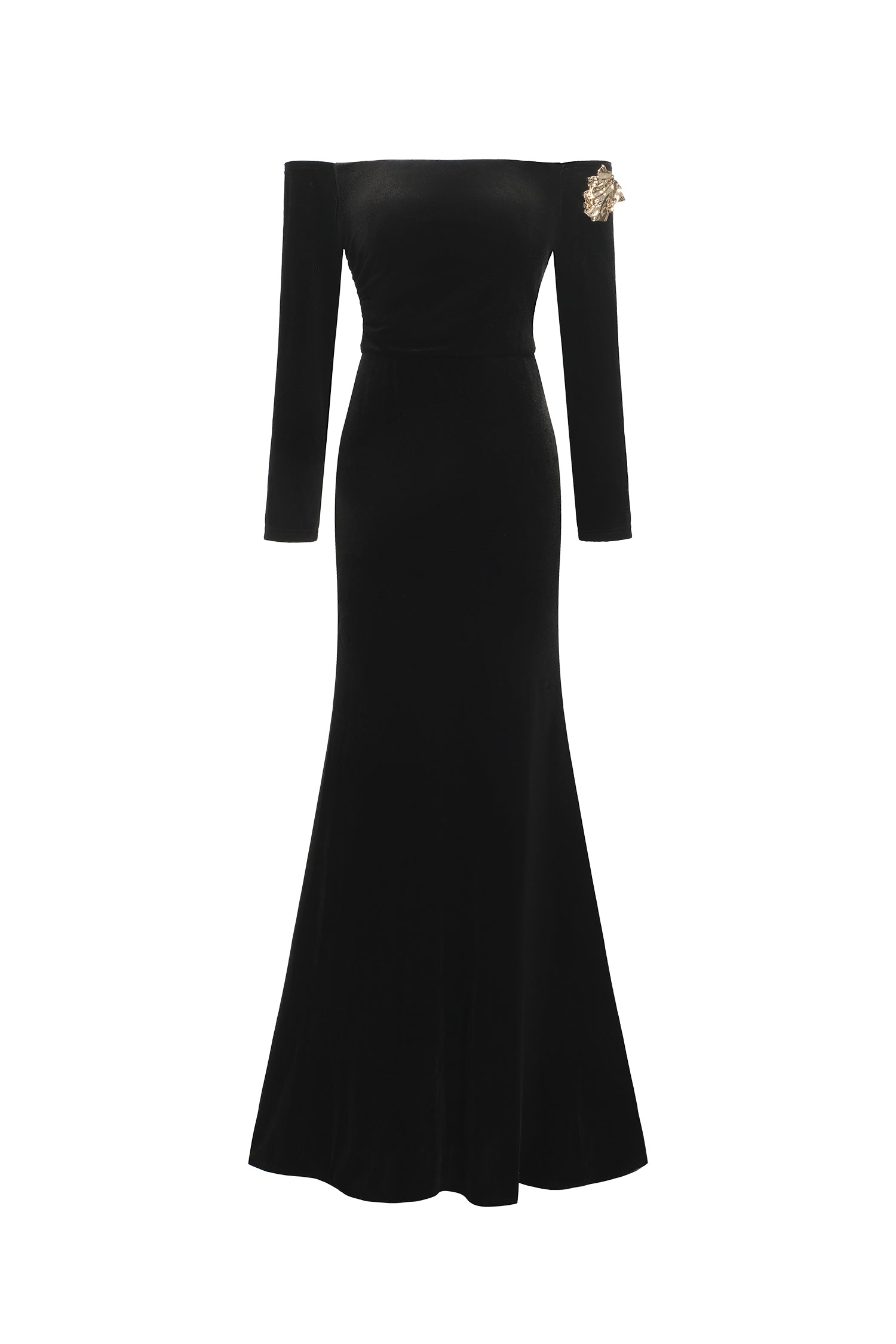 Sarada Off Shoulder Long Sleeves High Slit Velvet Maxi Dress	