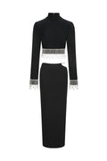 Labiny Long Sleeve Choker Tassel Bandage Maxi Two-Piece Set