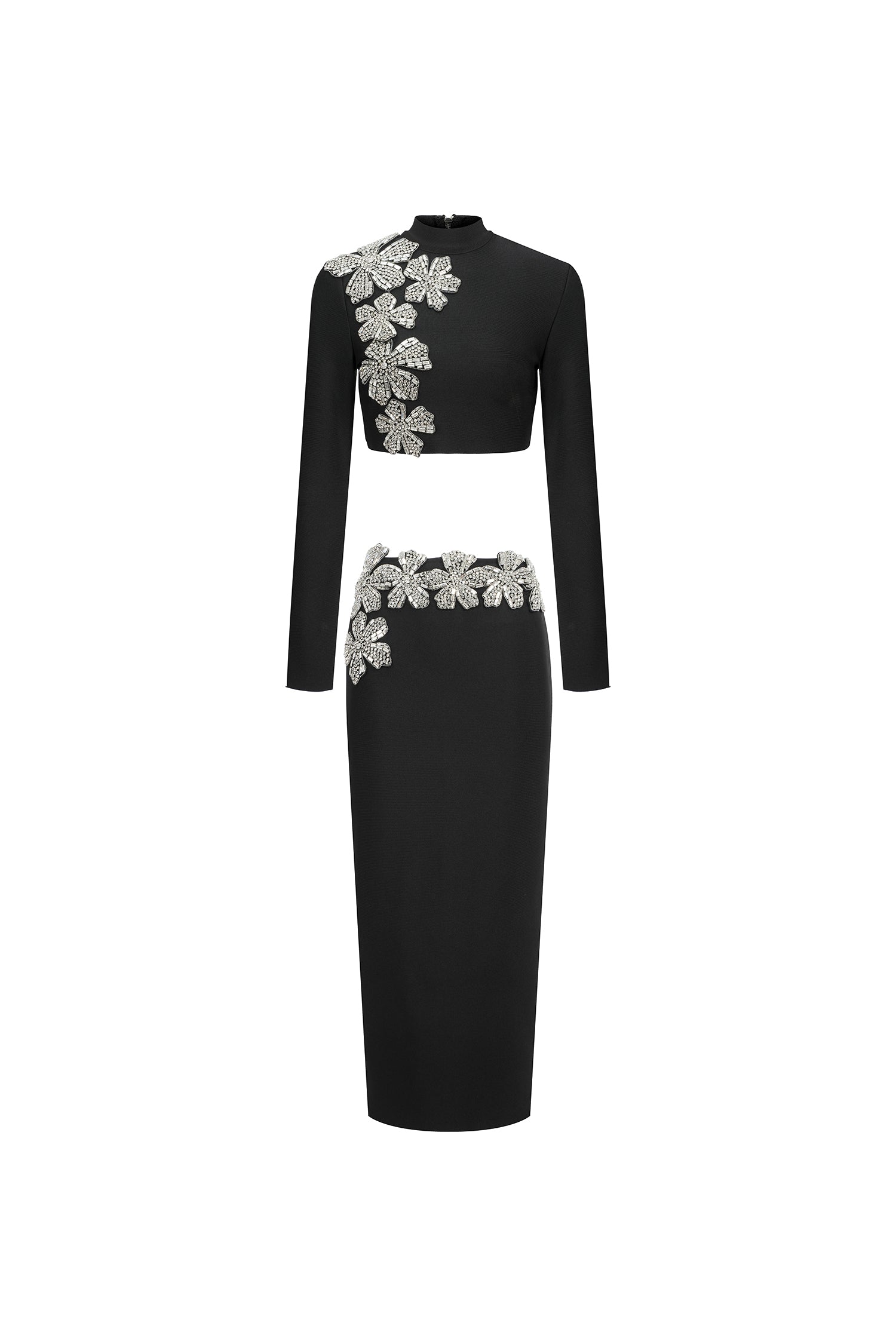 Ulama Choker Long Sleeve Diamond Flowers Bandage Maxi Two-Piece Set	