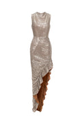Rivi Choker Sleeveless Slit Flounce Sequin Maxi Dress