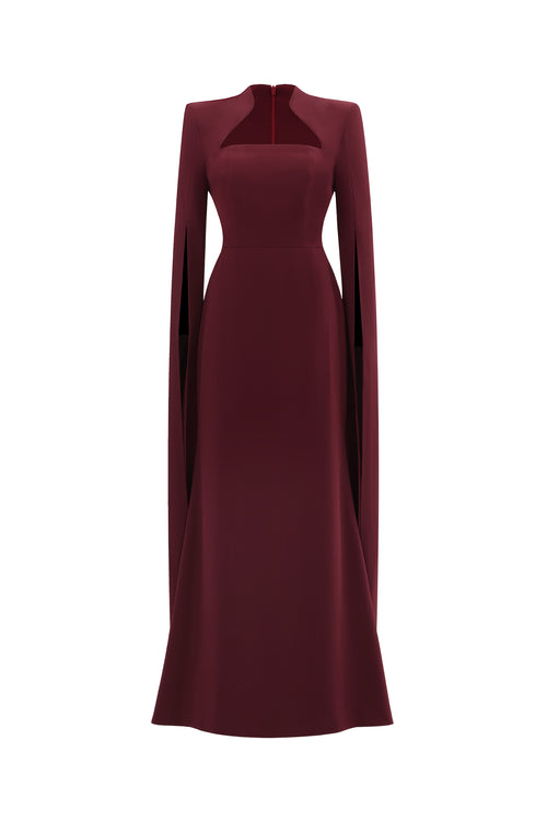 Werko Elegant Tailored Square Neck Cape Sleeve Woven Maxi Dress	