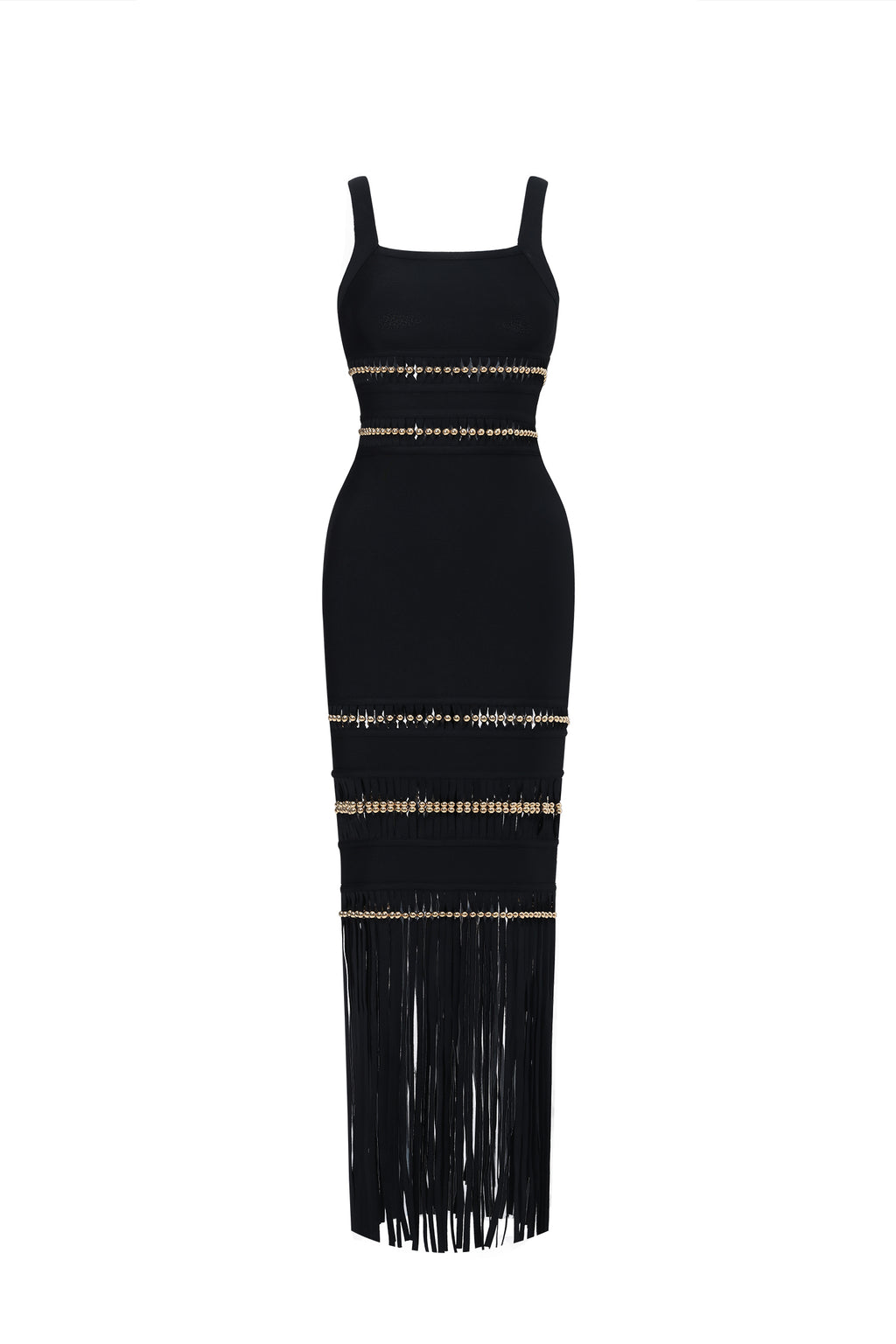 Shanley Chic Contour Sleeveless Beaded Fringe Black Bandage Maxi Dress	