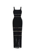 Shanley Chic Contour Sleeveless Beaded Fringe Black Bandage Maxi Dress	
