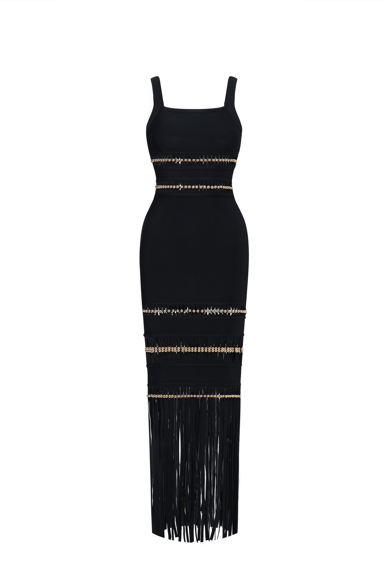 Shanley Chic Contour Sleeveless Beaded Fringe Black Bandage Maxi Dress	
