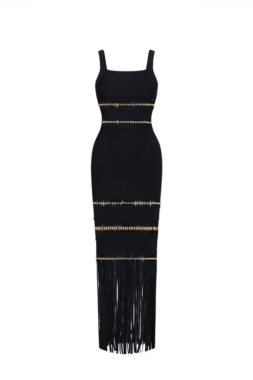 Shanley Chic Contour Sleeveless Beaded Fringe Black Bandage Maxi Dress	