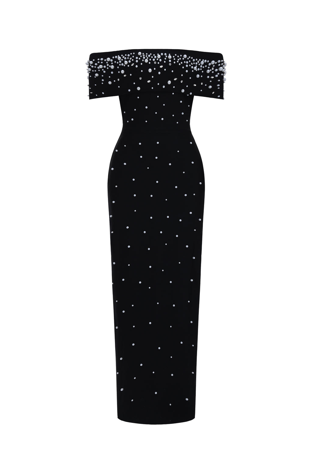 Isme Elegant Contour Off Shoulder Pearl Rhinestone Black Bandage Maxi Dress	