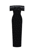 Isme Elegant Contour Off Shoulder Pearl Rhinestone Black Bandage Maxi Dress	