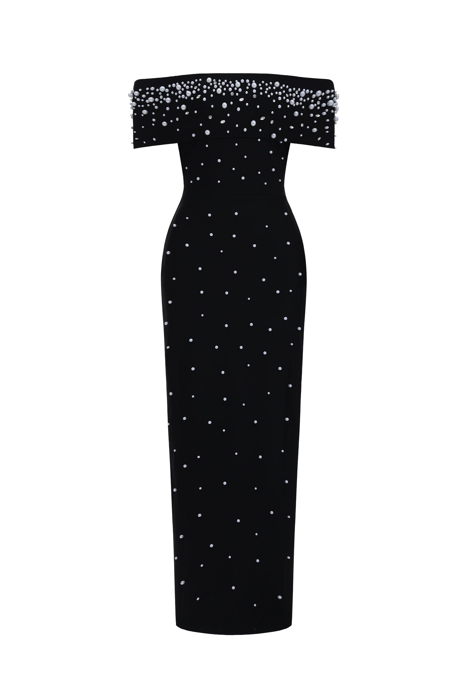 Isme Elegant Contour Off Shoulder Pearl Rhinestone Black Bandage Maxi Dress	