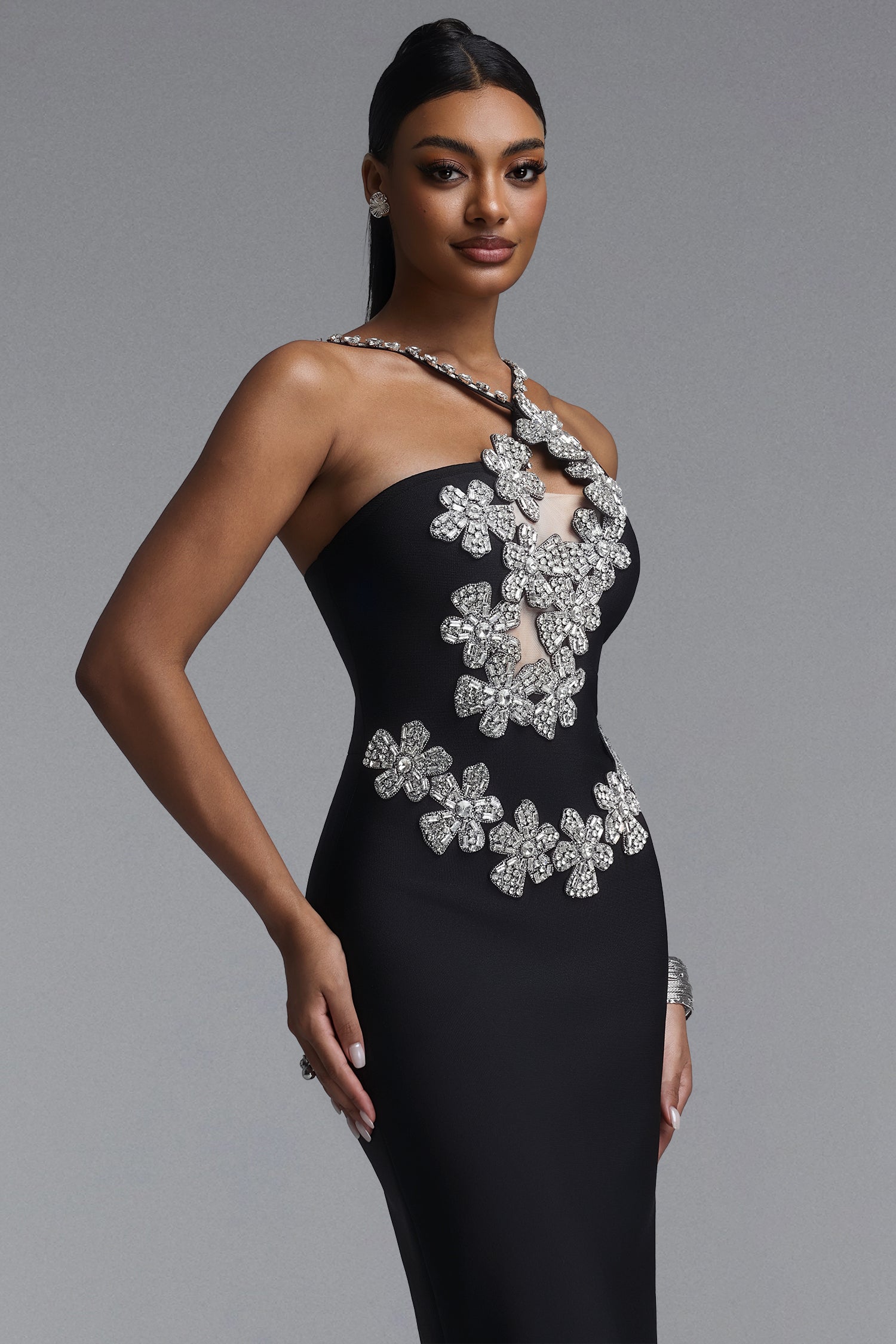 Veronic Glamorous Contour Halter Cut Out Rhinestone Floral Black Bandage Maxi Dress	